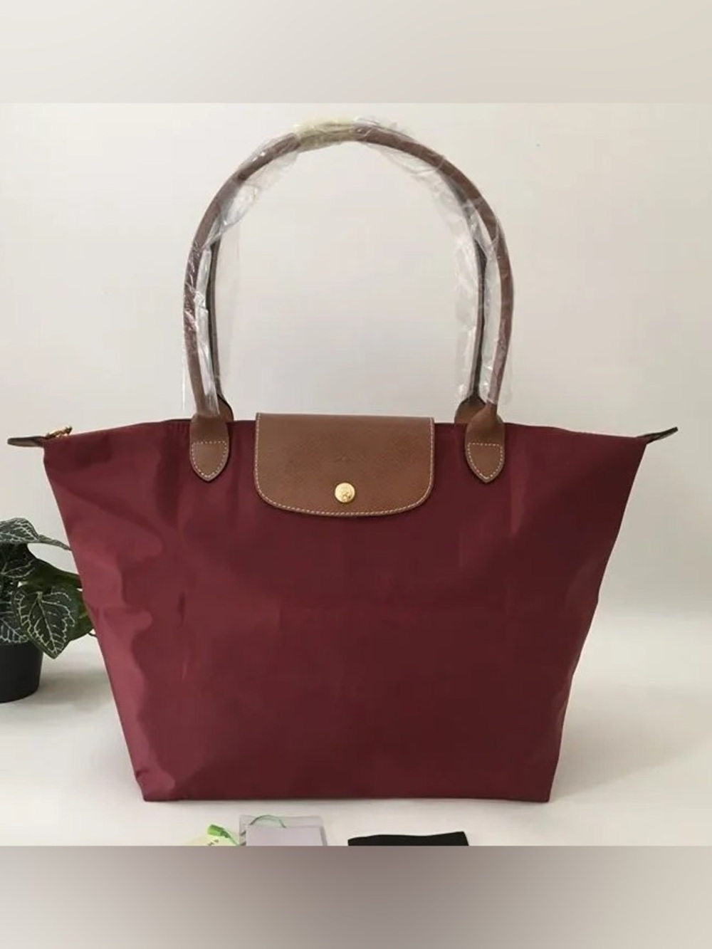 Longchamp Burgundy Tote with Brown Trim